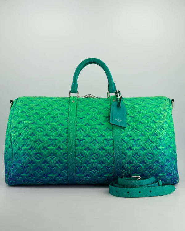 louis vuitton virgil abloh green & blue monogram illusion taurillon leather bandouliere keepall 50cm with silver hardware
