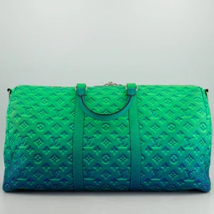 louis vuitton virgil abloh green & blue monogram illusion taurillon leather bandouliere keepall 50cm with silver hardware