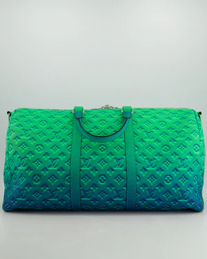 louis vuitton virgil abloh green & blue monogram illusion taurillon leather bandouliere keepall 50cm with silver hardware