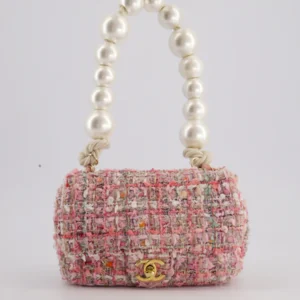 chanel pink tweed mini rectangular bag with pearl rope handle and champagne gold hardware