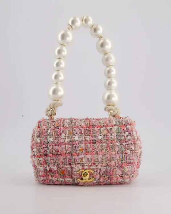 chanel pink tweed mini rectangular bag with pearl rope handle and champagne gold hardware