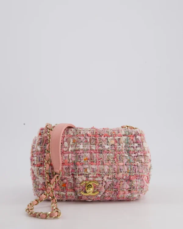 chanel pink tweed mini rectangular bag with pearl rope handle and champagne gold hardware